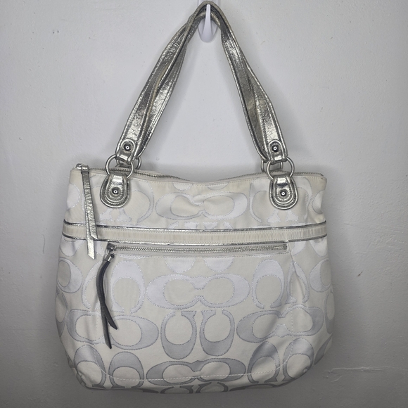Coach Poppy Metallic Signature Sateen Glam Silver Women Tote - Picture 1 of 9